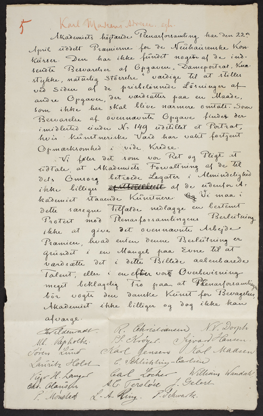 Karl Madsens protestskrivelse til Kunstakademiets Plenarforsamling 9. maj 1885, underskrevet af 41 kunstnere. Den Hirschsprungske Samlings brevarkiv, Emil Hannovers arkiv