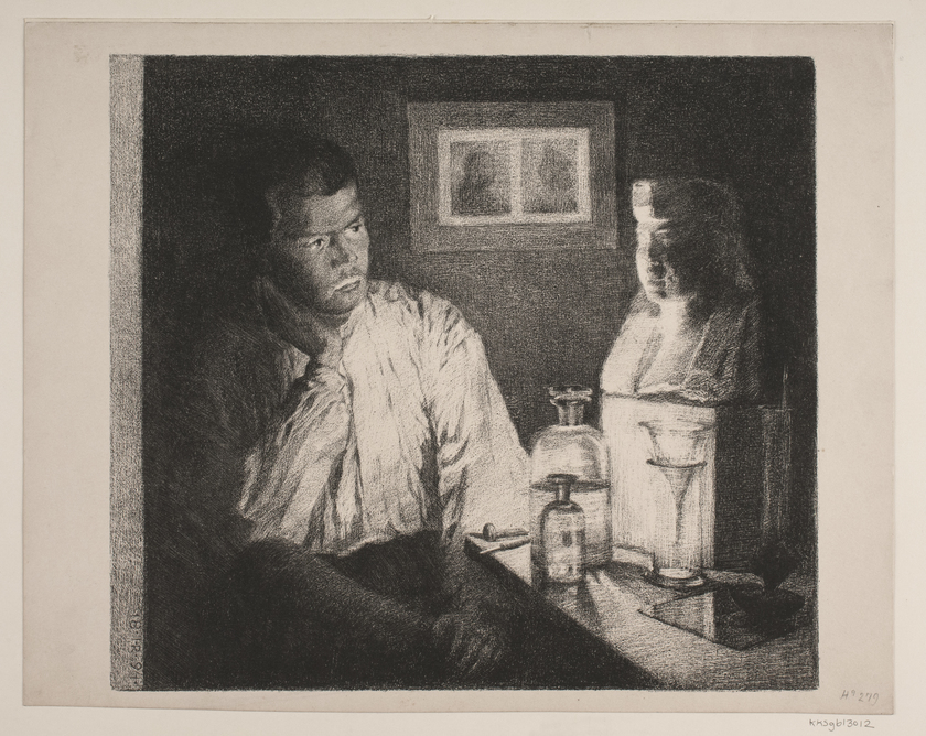 Ill. 3. Johan Rohde:  En mand betragter en buste, 1884, litografi. Statens Museum for Kunst. Foto: SMK