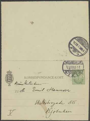 Kasse 87. EH 0128 J Rohde til E Hannover 1903-02-12 1